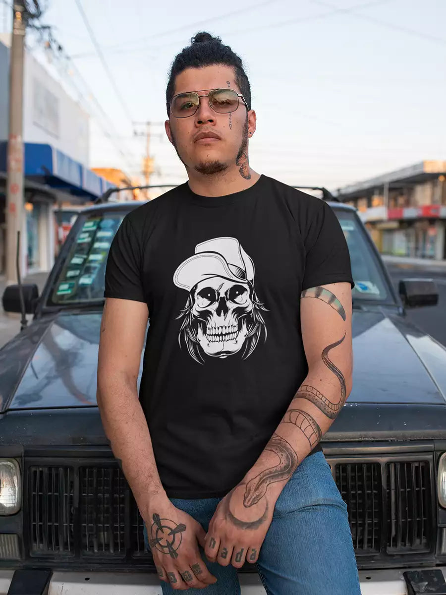 black Skull with Cap Printed T-Shirt for Men