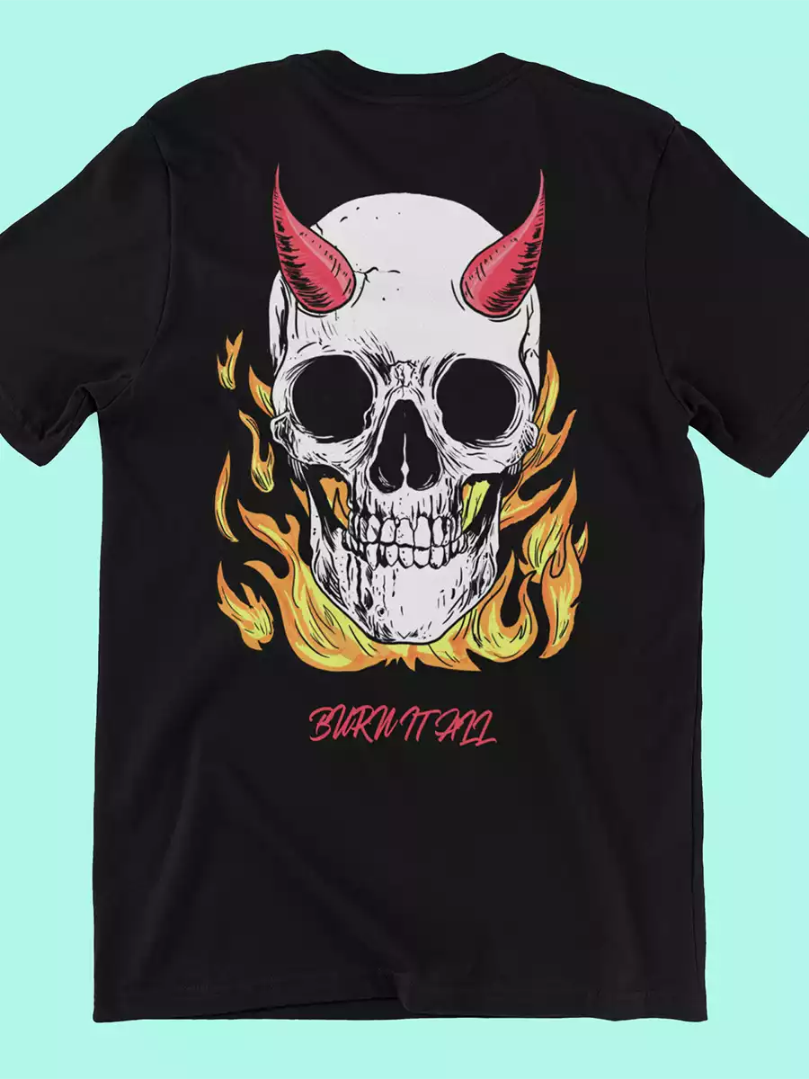Black Skull in fire t shirt for men