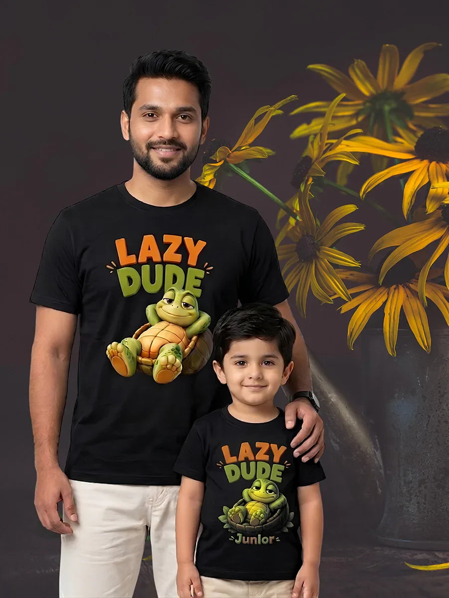 Father-son matching t-shirts at NOOBDE