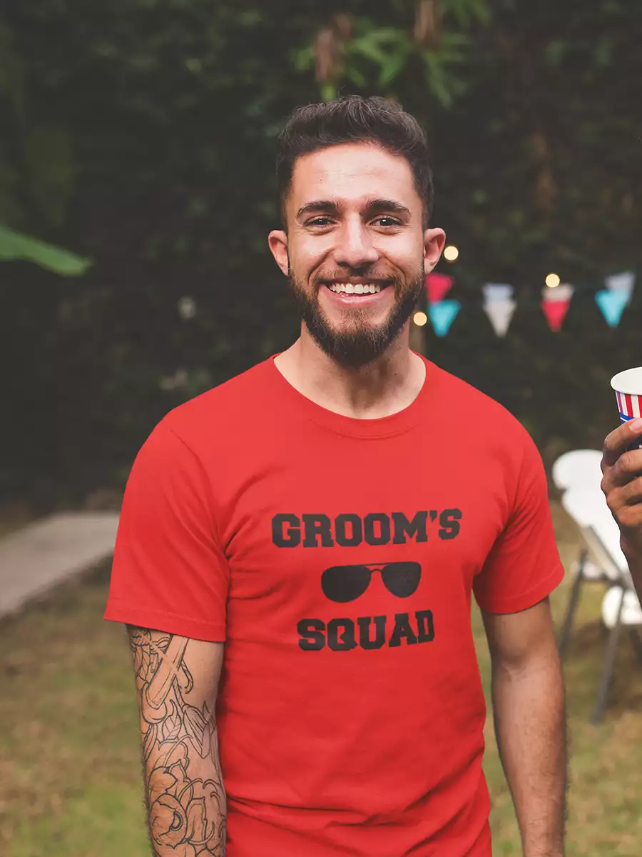 Groom's Squad Printed T-Shirt, red, regular fit, wedding squad graphic on model – NOOBDE