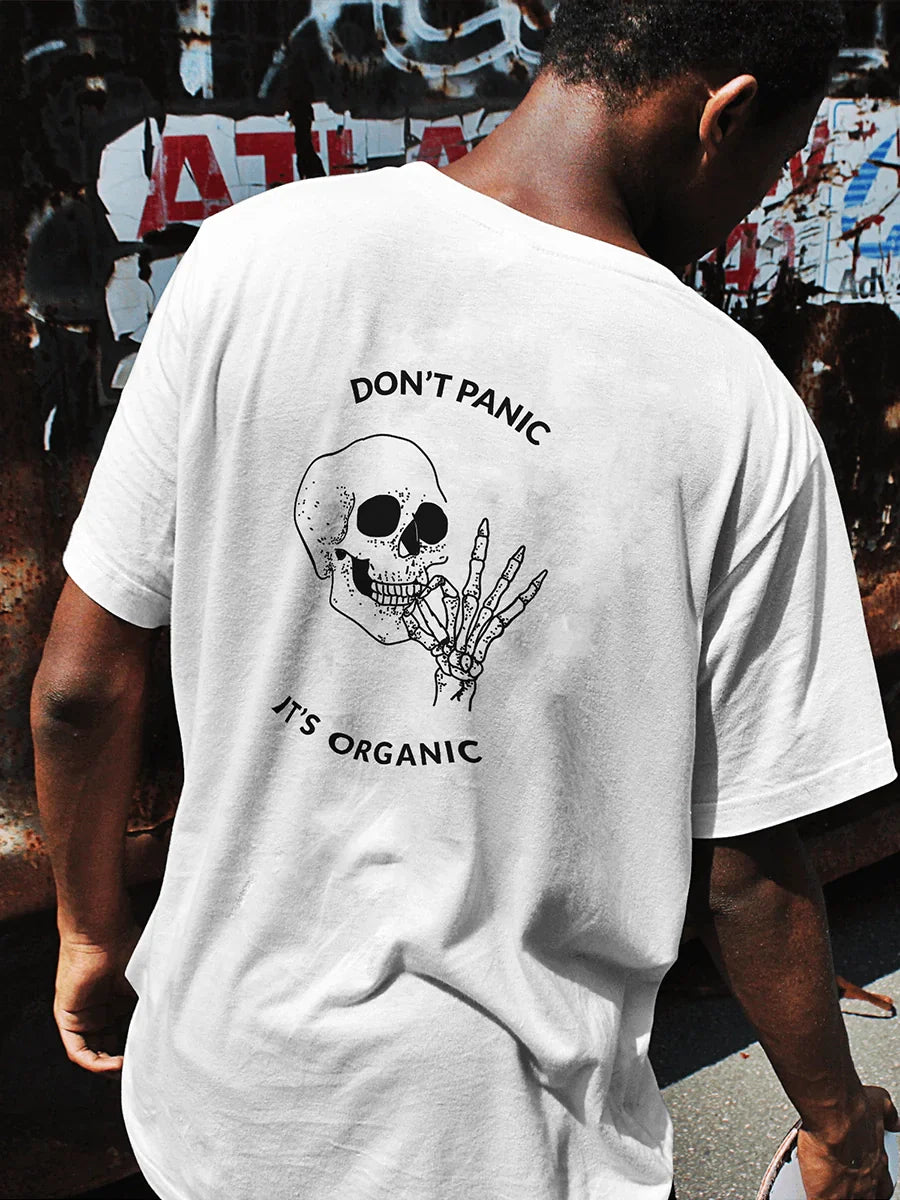 Don't Panic It's Organic T-Shirt, white, regular fit, slogan back print on model – NOOBDE