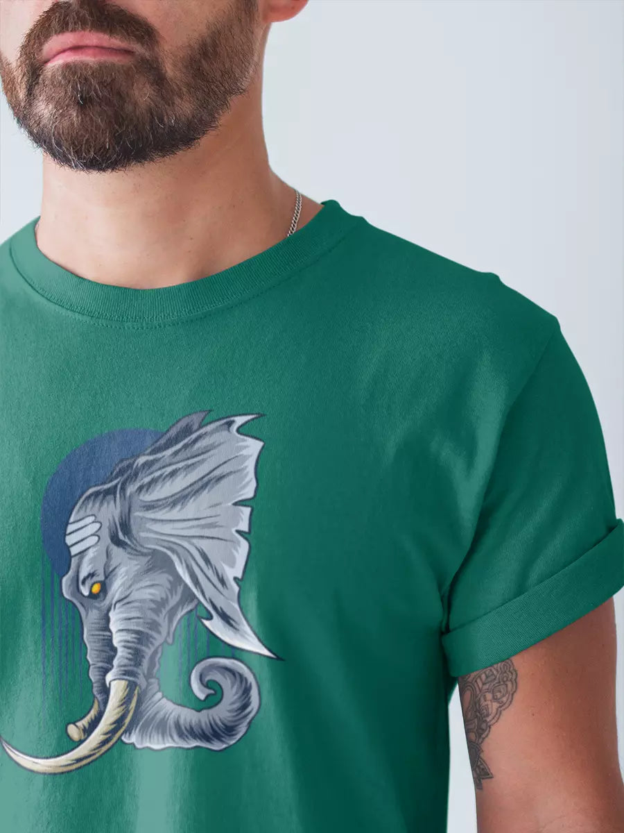 Ganesh Ji Art Printed T-Shirt, bottle green, regular fit, Ganesh graphic on model – NOOBDE
