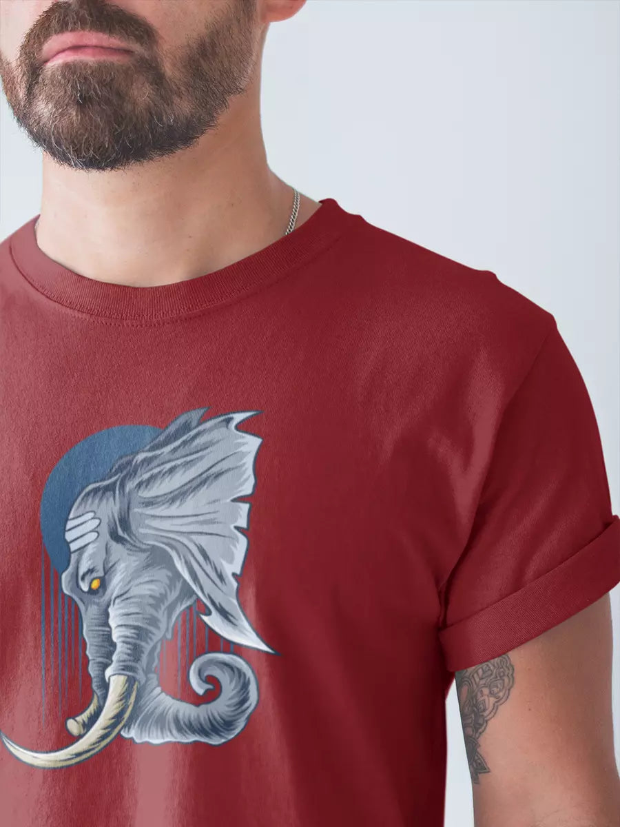 Ganesh Ji Art Printed T-Shirt, maroon, regular fit, Ganesh graphic on model – NOOBDE
