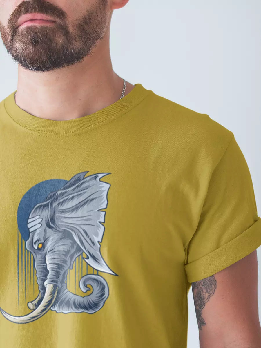 Ganesh Ji Art Printed T-Shirt, mustard yellow, regular fit, Ganesh graphic on model – NOOBDE