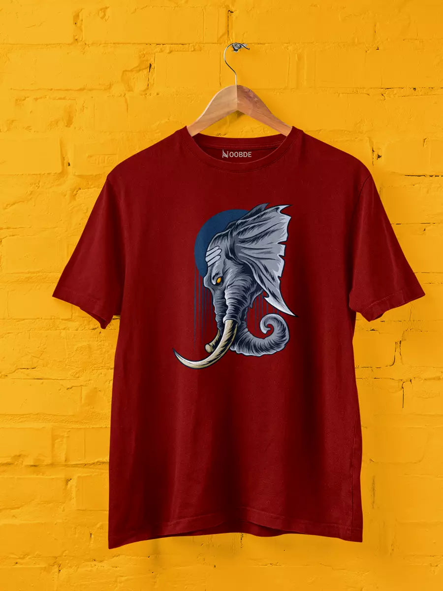 Ganesh Ji Art Printed T-Shirt, maroon, regular fit, Ganesh devotional graphic – NOOBDE