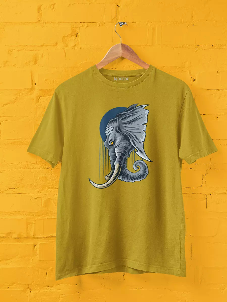Ganesh Ji Art Printed T-Shirt, mustard yellow, regular fit, Ganesh devotional graphic – NOOBDE