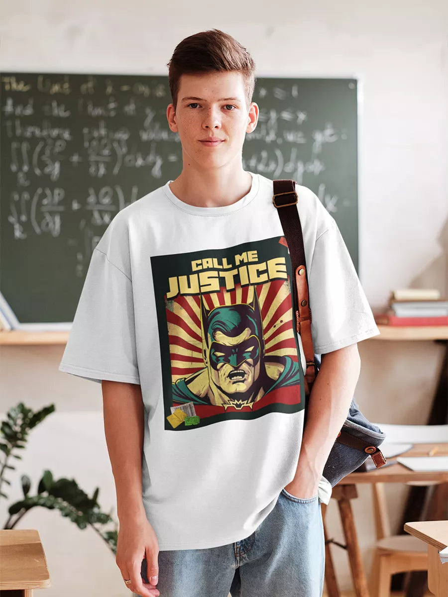 Justice T-Shirt, white, regular fit, Justice graphic on model – NOOBDE