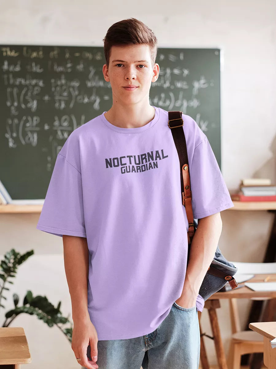 Nocturnal Guardian Oversized T-Shirt, lavender, oversized fit, hero graphic on model – NOOBDE