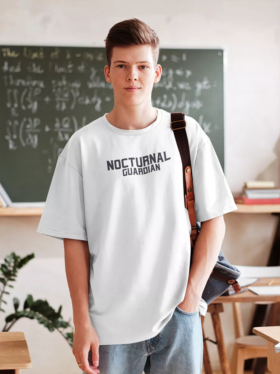 Nocturnal Guardian Oversized T-Shirt, white, oversized fit, hero graphic on model – NOOBDE