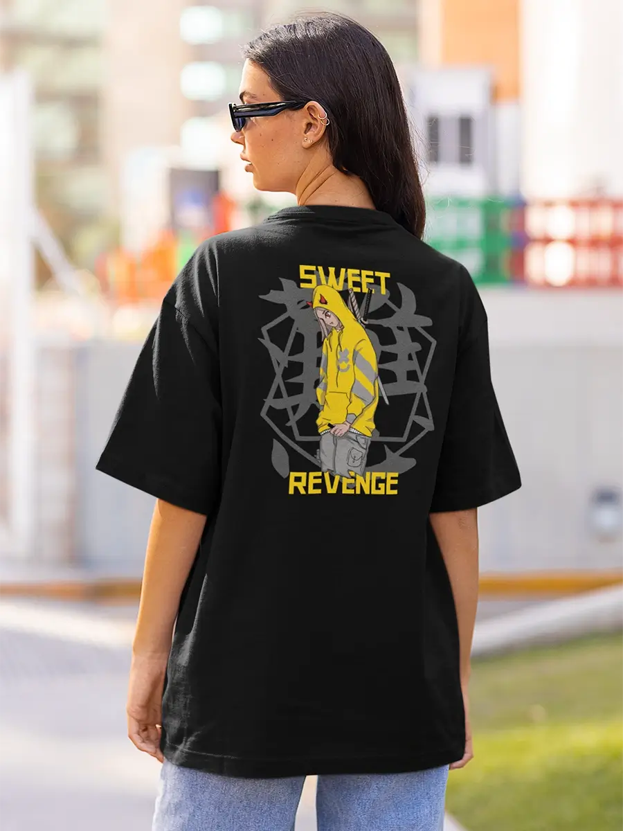 Sweet Revenge T-Shirt, black, regular fit, back print on model – NOOBDE