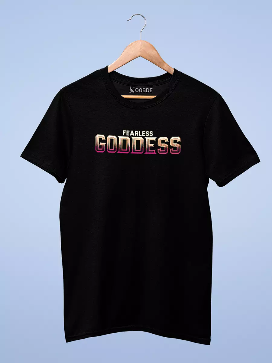 Fearless Goddess Oversized T-Shirt for Women, black, oversized fit, goddess graphic on model – NOOBDE