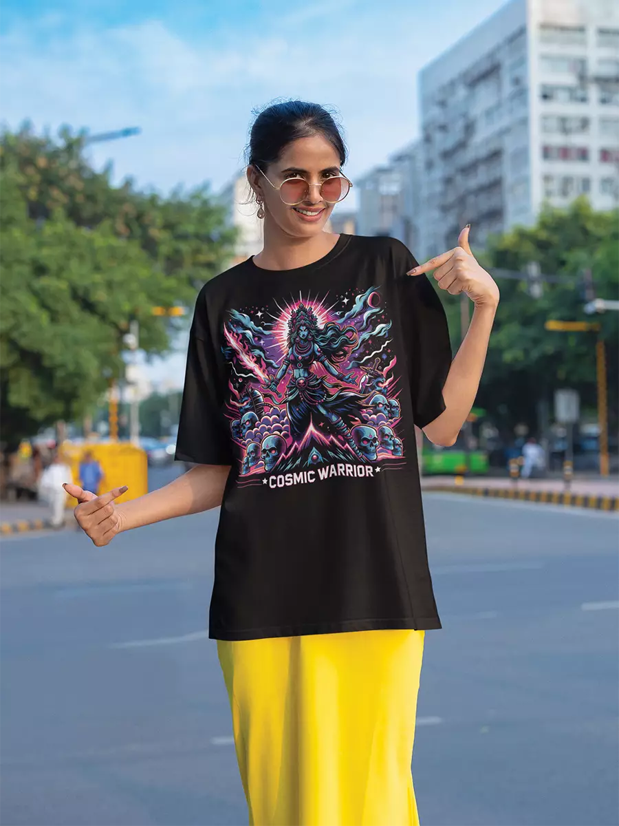 Cosmic Warrior Oversized Unisex T-Shirt, black, oversized fit, cosmic warrior front graphic – NOOBDE