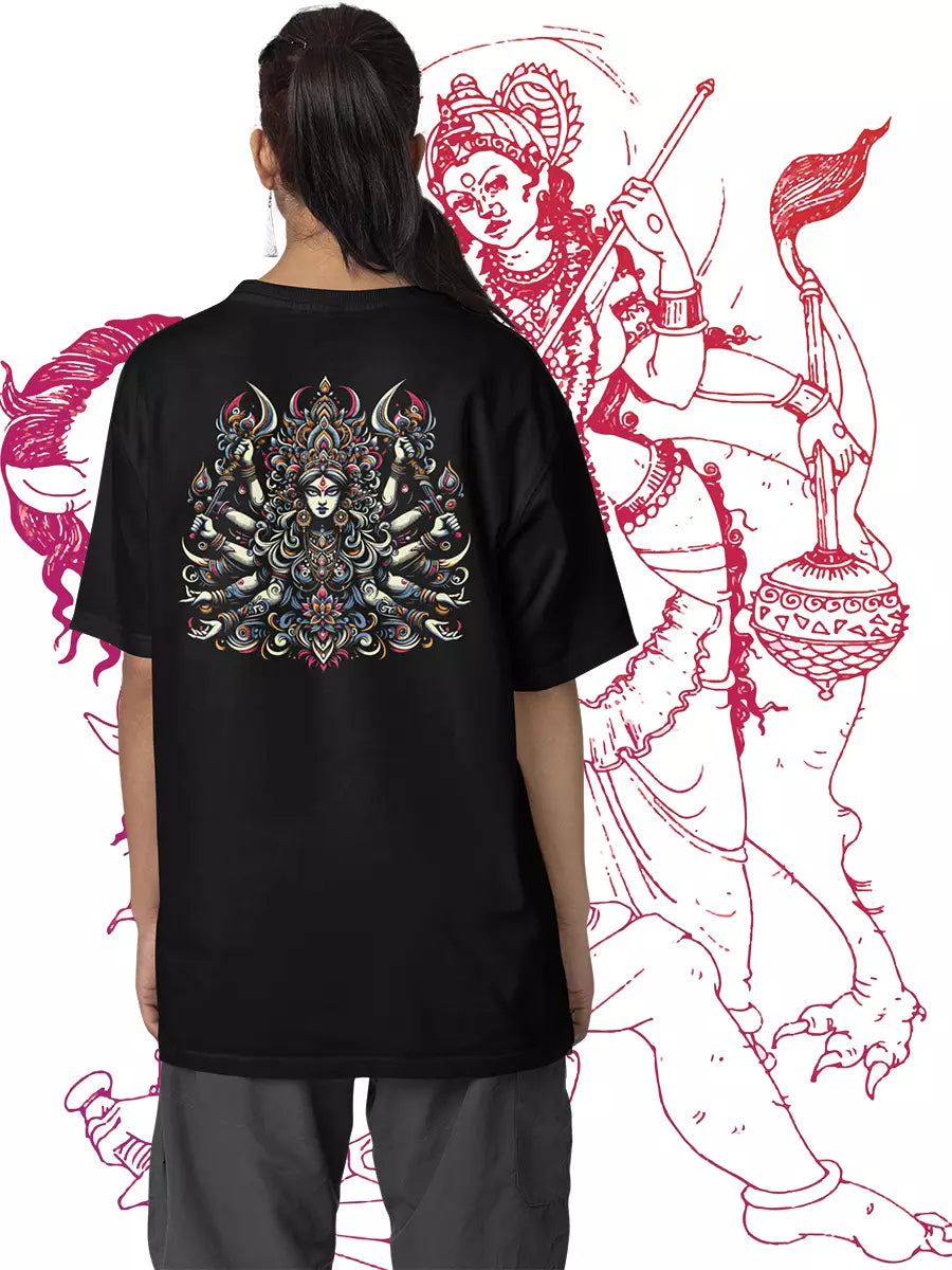 Fearless Goddess Durga Maa Oversized T-Shirt, black, oversized fit, Durga Maa back print – NOOBDE