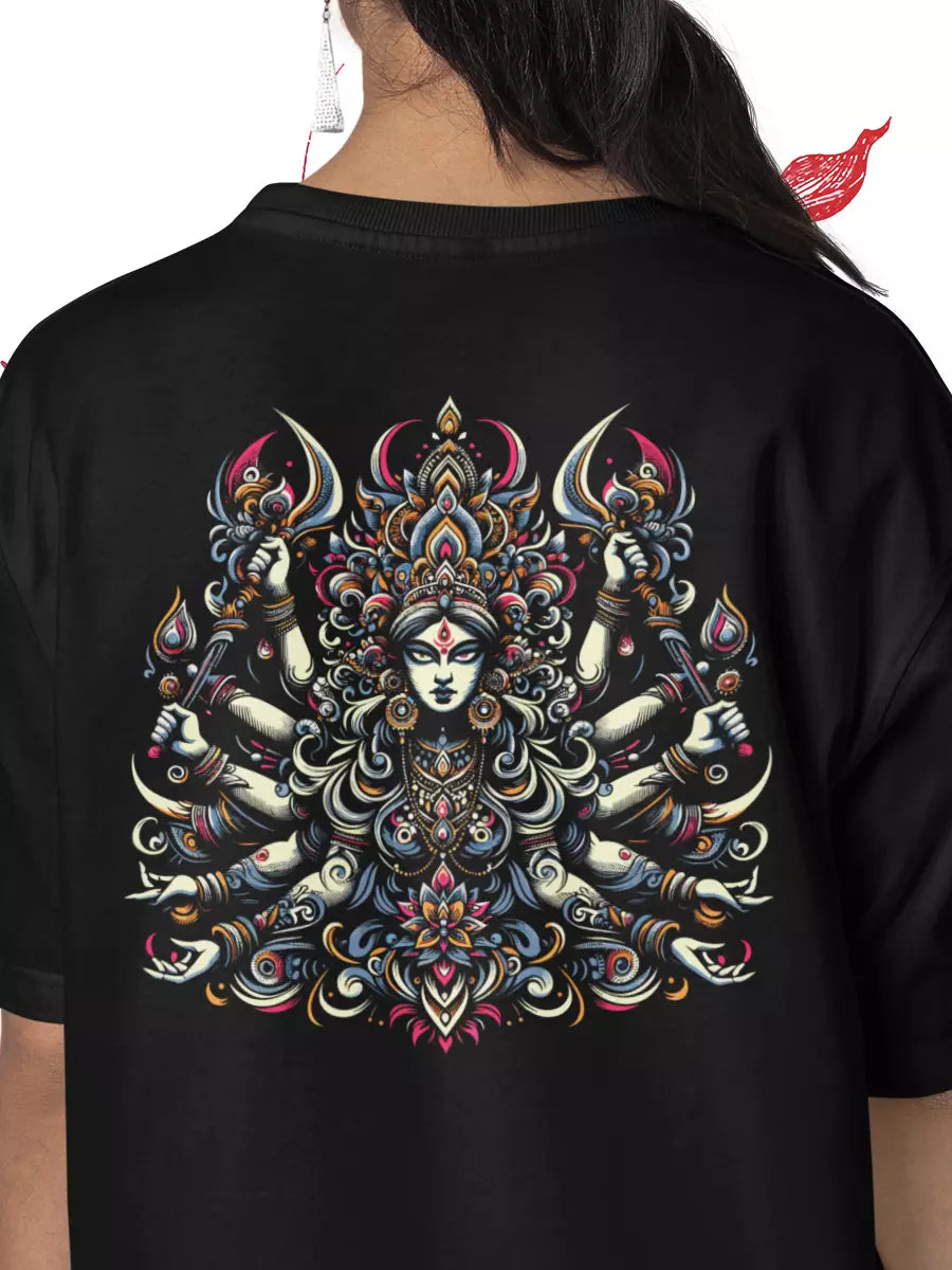 Fearless Goddess Durga Maa Oversized T-Shirt, black, oversized fit, Durga Maa back close-up – NOOBDE