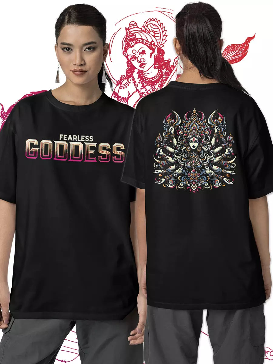 Fearless Goddess Durga Maa Oversized T-Shirt, black, oversized fit, Durga Maa front and back graphic – NOOBDE