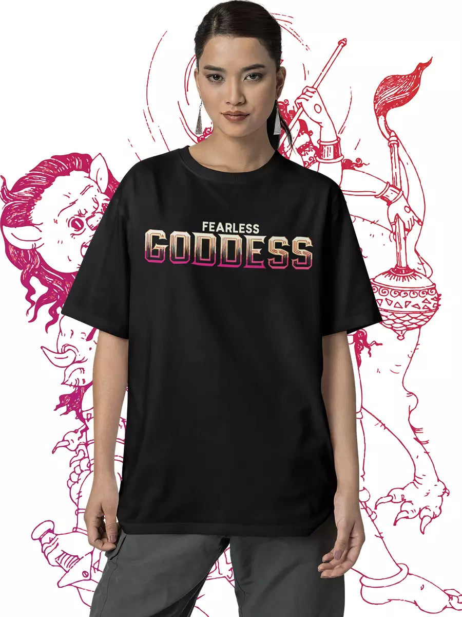 Fearless Goddess Durga Maa Oversized T-Shirt, black, oversized fit, Durga Maa front graphic – NOOBDE