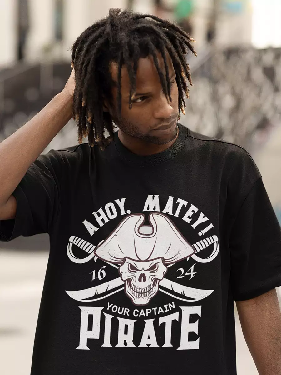 Pirate with Sword T-Shirt, black, regular fit, pirate graphic front on model – NOOBDE