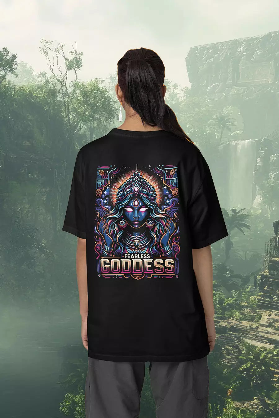 Fearless Goddess Oversized T-Shirt for Women, black, oversized fit, goddess front and back graphic – NOOBDE