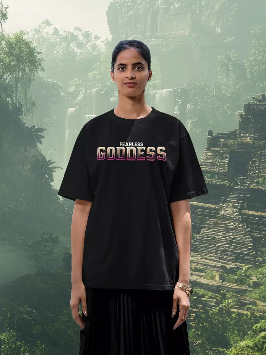Fearless Goddess Oversized T-Shirt for Women, black, oversized fit, goddess front graphic – NOOBDE
