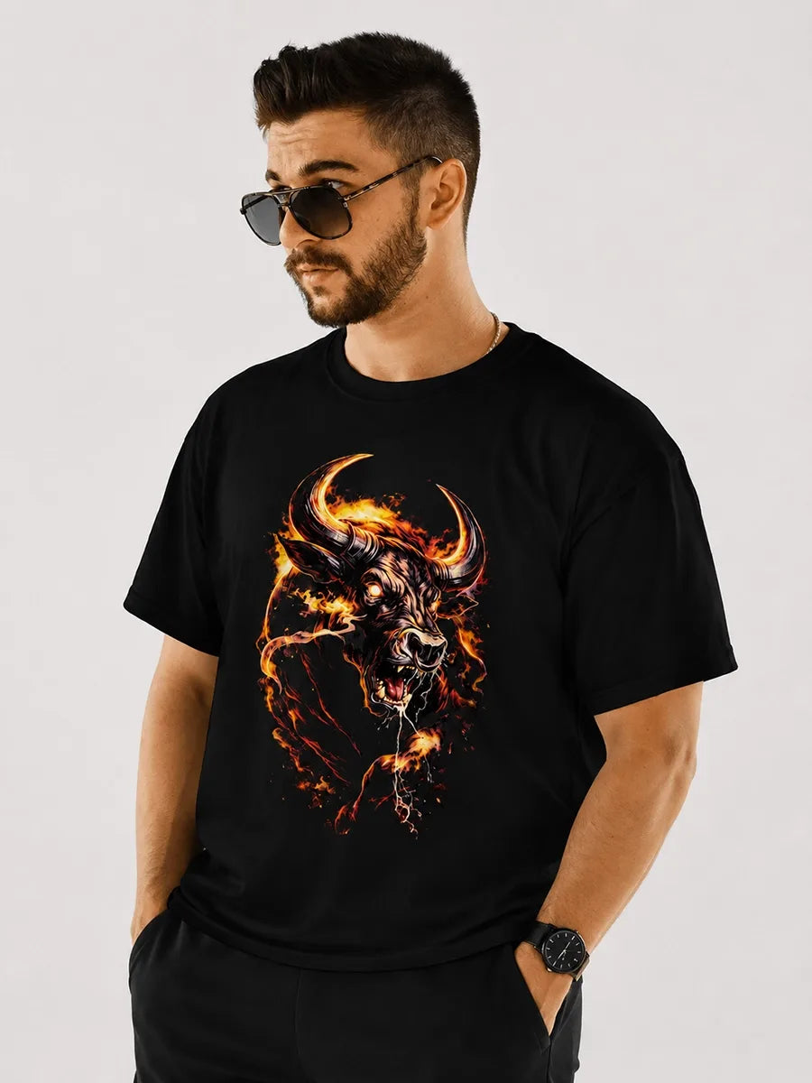 NOOBDE Inferno Bull Oversized T-Shirt, black, oversized fit, inferno bull graphic side view – NOOBDE