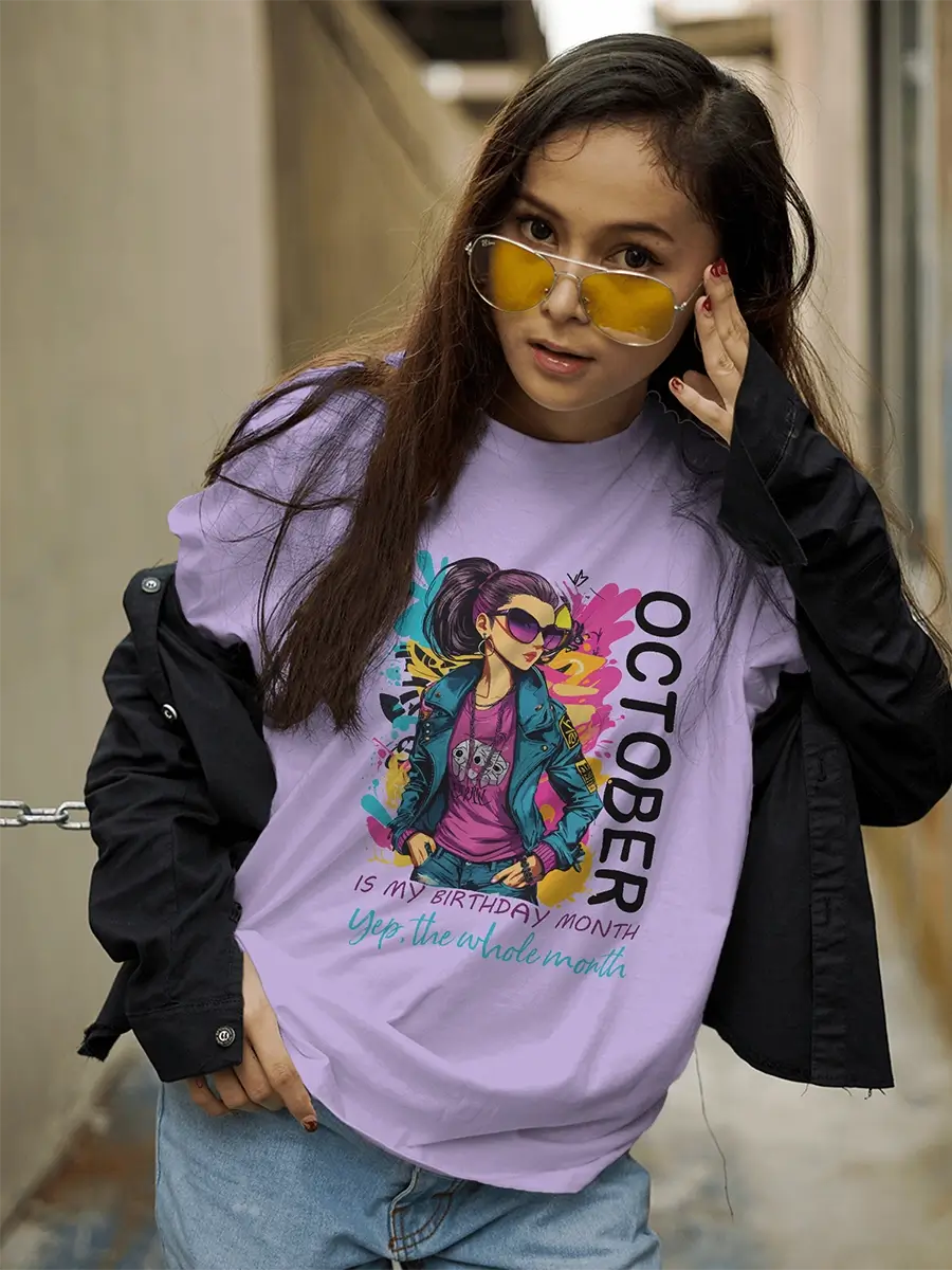 Happy Birthday October T-Shirt for Women, lavender, regular fit, birthday graphic on model – NOOBDE