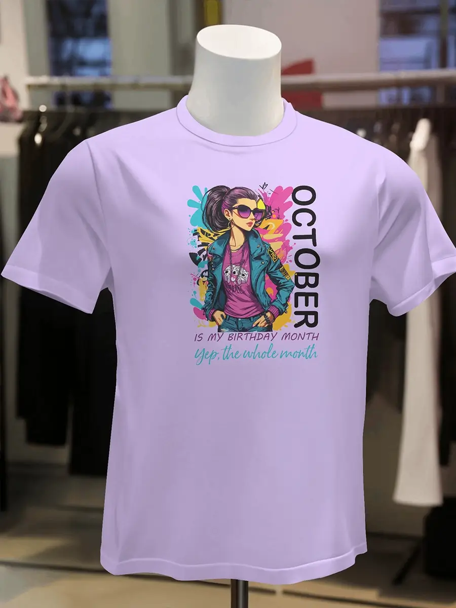 Happy Birthday October T-Shirt for Women, lavender, regular fit, October birthday graphic – NOOBDE