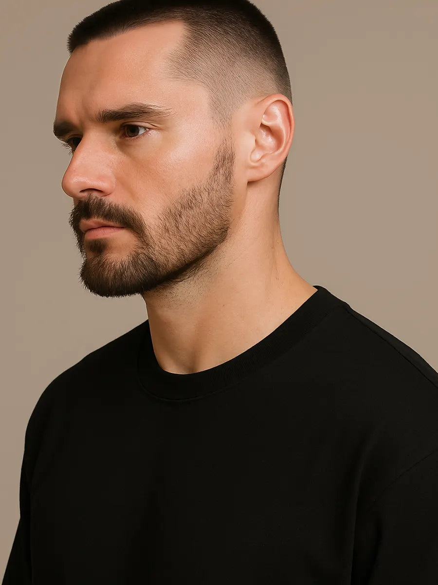 Plain Black Oversized T-Shirt for Men, black, oversized fit, plain fabric close-up – NOOBDE