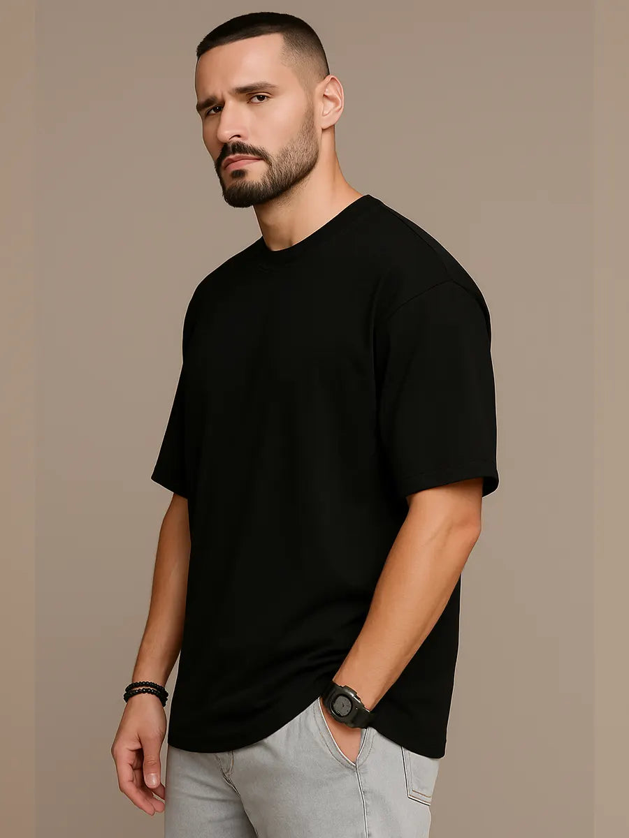 Plain Black Oversized T-Shirt for Men, black, oversized fit, plain side view – NOOBDE