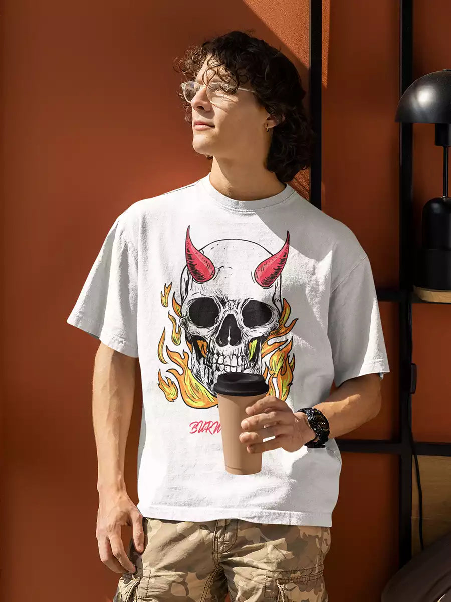 Horned Skull Burn It All T-Shirt, white, regular fit, horned skull graphic on model – NOOBDE